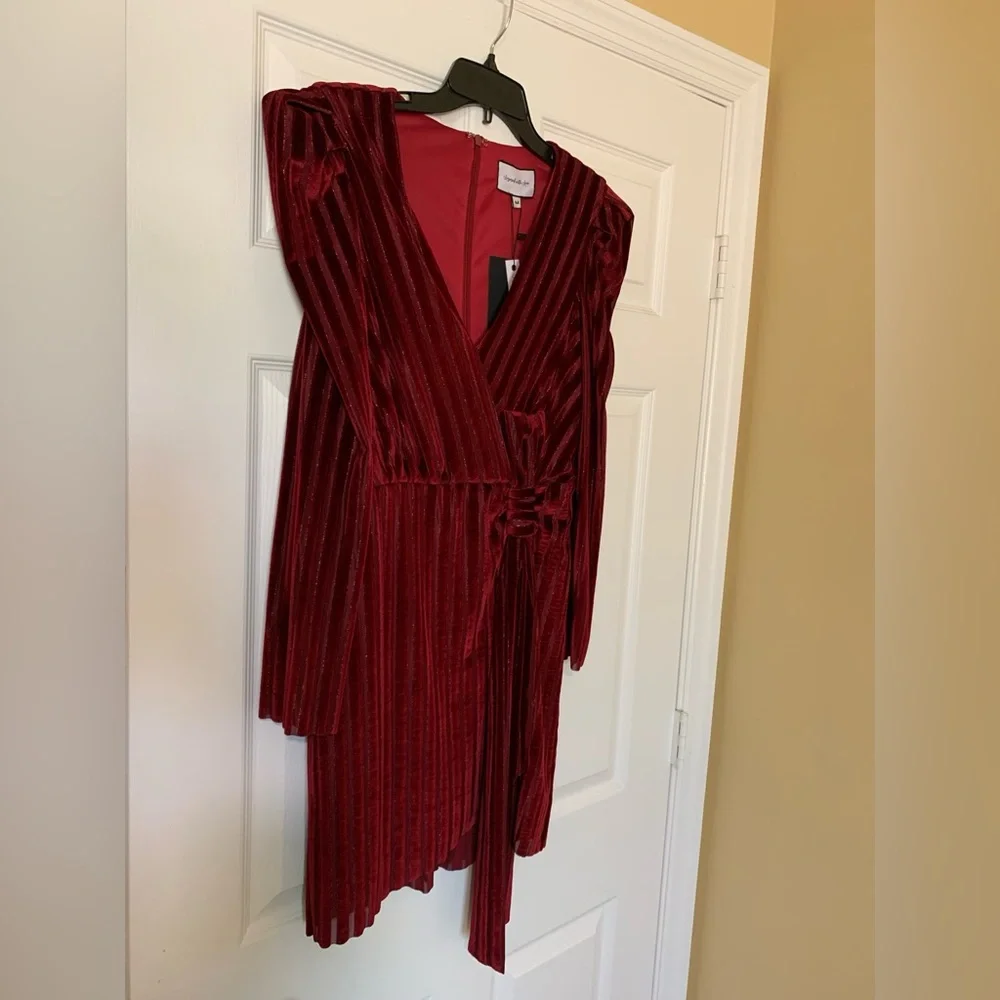 Layered With Love Yasmeen Puff Sleeve V-Neck Shadow Stripe Red Velvet Mini Dress